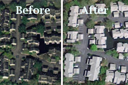 Apartment Roof Cleaning Before and After satellite view. 