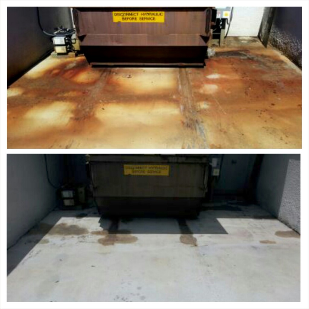 Dumpster Pad Cleaning with Rust Stain Removal. We are one of the only authorized applicator in Maryland. 